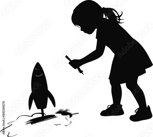 Girl Drawing A Rocket On A Sidewalk With Chalk Silhouette