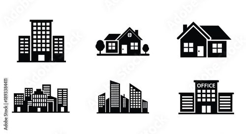 Black and white icons depicting various building and home styles
