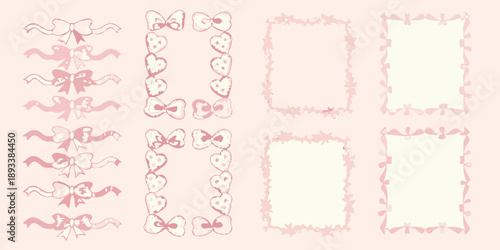 Pink bows and floral frames on a pastel pink background
