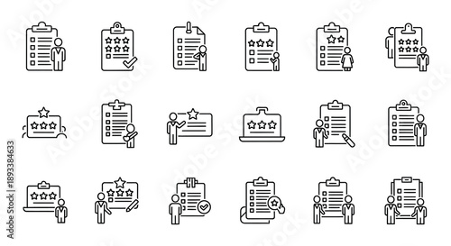 Line art icons depicting various rating and review forms with stars
