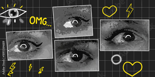 Collage of expressive eyes handwritten text and playful doodles on a grid