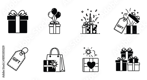 Collection of outline gift icons featuring presents bags and celebratory elements