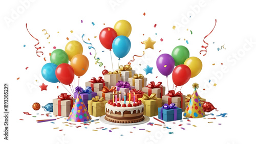 Colorful birthday celebration scene with balloons gift boxes and decorated cake for festive party design