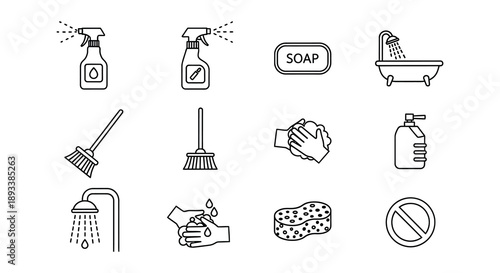 Line drawing of cleaning supplies bathroom fixtures and hygiene symbols