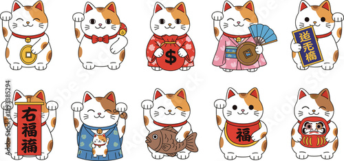 Lucky maneki neko cat character collection with traditional symbols and cute poses cartoon vector illustration