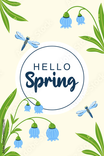 Delicate postcard with inscription Hello Spring and frame of lily of the valley flowers. Seasonal hand drawn card, poster, web banner. Vector illustration.