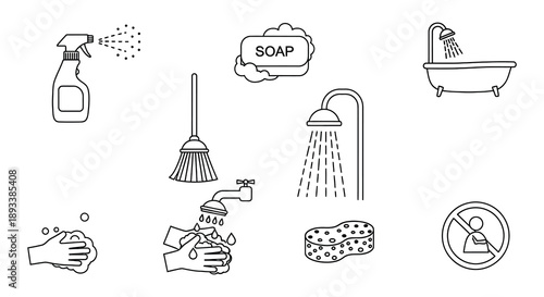 Line drawing of cleaning supplies bathroom fixtures and hygiene symbols