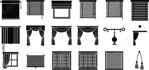 Collection of various window blinds and curtains silhouettes for home decor