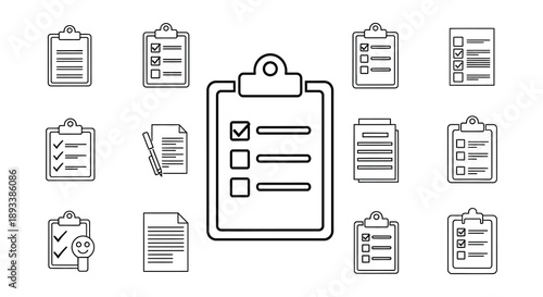 Collection of black and white clipboard icons with checklists and forms