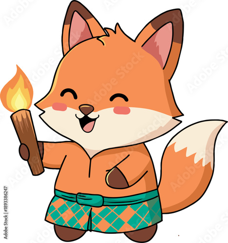 Cute wolf character wearing traditional sarong and holding a torch for Takbiran night celebration, Eid al-Fitr vector illustration