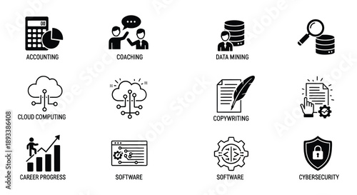Business and technology icons representing various professional fields