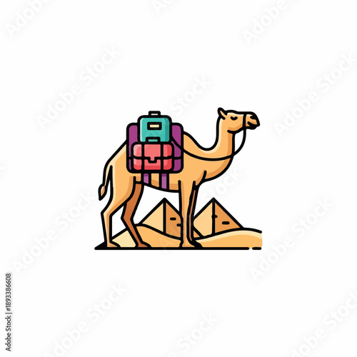 Camel with backpack on desert sand pyramids