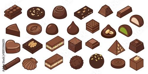Isometric Chocolate Collection: Flat Vector Icons of Classic Sweets, Pralines, and Nut-Filled Candies