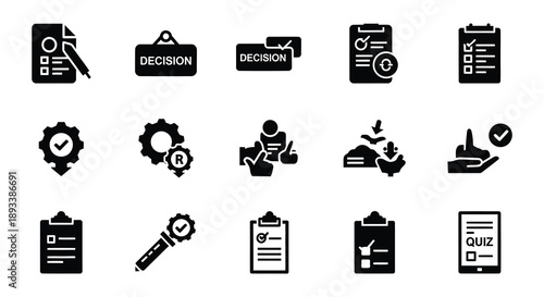Collection of black glyph icons representing business decision making and progress