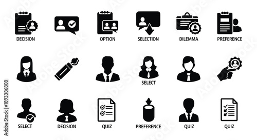 Collection of black glyph icons representing business decision making and progress