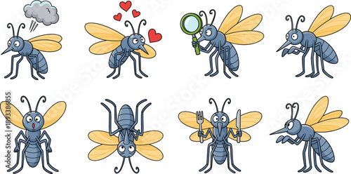 Cute mosquito character collection with funny emotions, actions and playful cartoon poses vector illustration