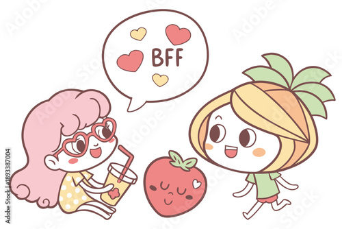 Cute kawaii characters, best friends forever, sharing a drink and a strawberry, vector illustration for kids, children's graphics, sweet friendship