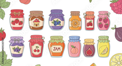 Cute jam jar and fruit preserve collection with berries, citrus and homemade spreads cartoon vector illustration