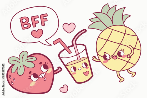 Kawaii strawberry, pineapple, and juice vector art: a cute bff friendship illustration with sweet treats