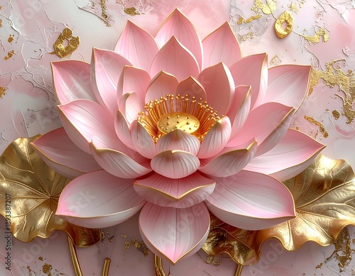 Pink lotus flower with gold accents on a marble background