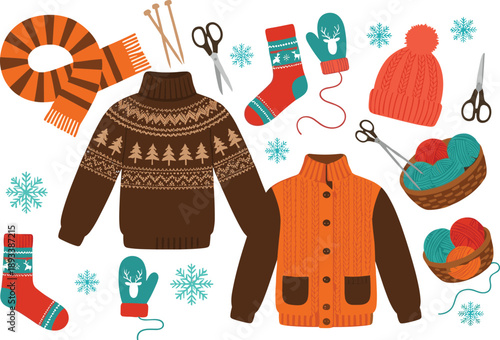 Knitted winter clothing and accessories collection with sweaters, scarf, hat and mittens vector illustration