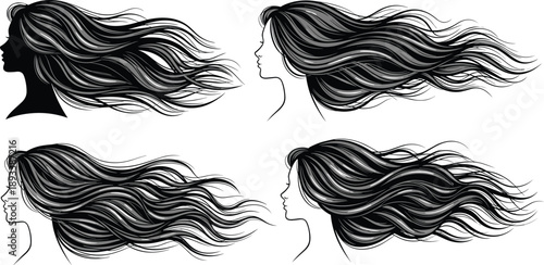 Black and white vector illustration set featuring beautiful women profiles with long flowing wavy hair for hair care beauty salon and shampoo branding