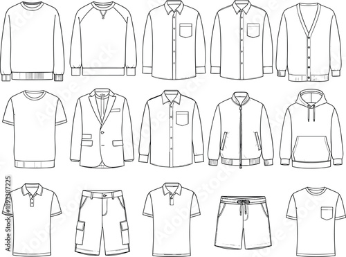 Black and white vector illustration set featuring men's apparel fashion technical sketches including hoodies t-shirts jackets and shorts for clothing design and manufacturing templates