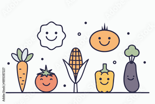 Happy cute smiling vegetables vector illustration. fresh organic produce collection with carrot, tomato, corn, bell pepper, eggplant, onion. playful cartoon healthy food elements design.