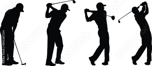 Black silhouette collection of a professional male golfer showing different stages of a golf swing motion isolated on a clean white background