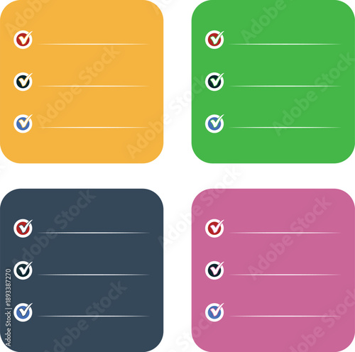 Colourful Checklist Panel Collection with Check Mark Icons and Rounded Rectangle Design