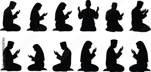 Black silhouette vector set featuring Muslim men and women in traditional attire performing Salah prayer while kneeling for Ramadan Kareem and Islamic religious design