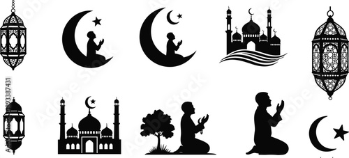 Black silhouette vector set featuring Muslim men praying at night with crescent moons mosques and ornate lanterns for Ramadan Kareem and Eid Mubarak religious design