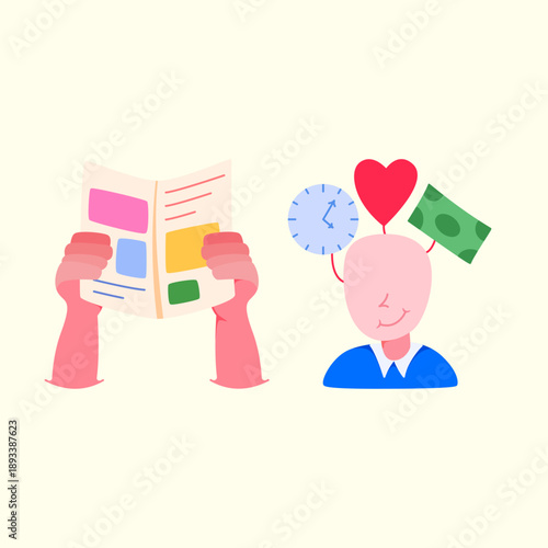 Reading gesture illustration representing time, love, money, and people concepts
