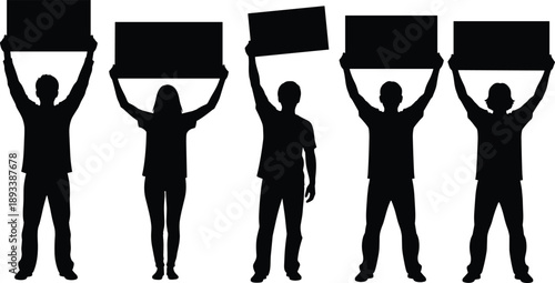Black silhouette vector set of men and women holding up blank protest signs and banners for demonstration activism social justice and political rally design
