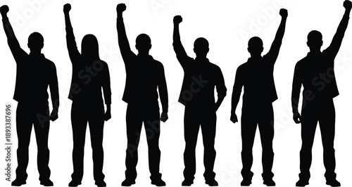 Black silhouette vector set of men and women raising their fists in the air for protest unity revolution and human rights celebration design