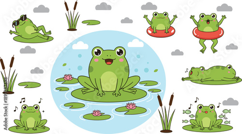Cute frog cartoon character collection with pond scenes, lily pads and playful expressions vector illustration