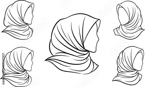 Hand drawn vector line art set featuring Muslim women wearing traditional hijabs and headscarves in various profile views for Islamic fashion design and sketches