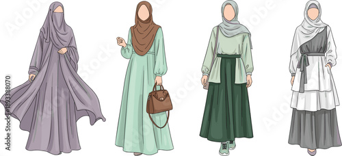 Set of vector illustrations featuring Muslim women in modest fashion including abaya niqab and hijab styles with handbags for modern Islamic clothing and lifestyle