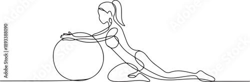 Woman working out using fitness ball continuous one line drawing. one line Art icon drawing