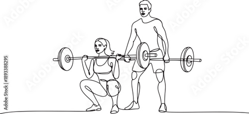 Continuous line art drawing of woman and man workout using barbell. one line Art icon drawing