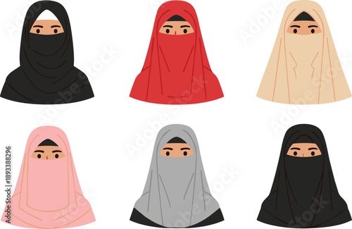 Set of vector illustrations featuring Muslim women wearing various colorful niqab veils and traditional hijabs in black red pink grey and beige for Islamic cultural design