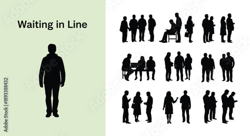 Collection of black silhouette vector illustrations depicting various groups of people waiting standing sitting and using mobile devices for concepts like queuing or public transit