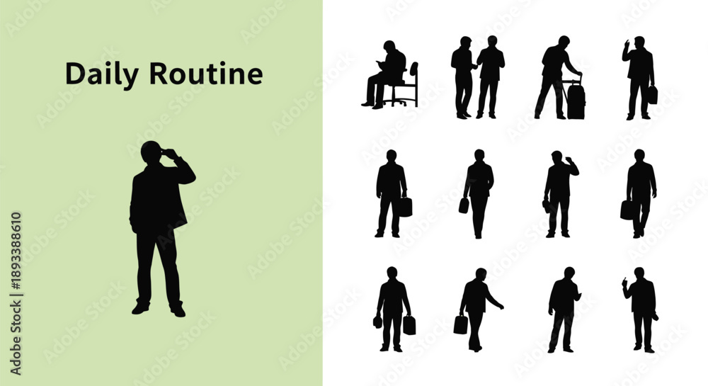 Fototapeta premium Collection of black silhouette icons depicting various stages and activities of a businessman’s daily routine from morning to evening travel