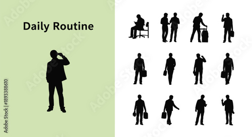 Collection of black silhouette icons depicting various stages and activities of a businessman’s daily routine from morning to evening travel