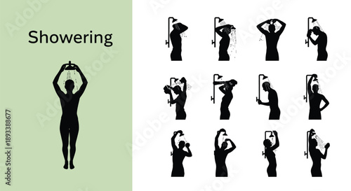 Collection of diverse black silhouette icons illustrating various methods and stages of a person washing their hair and body while taking a refreshing shower