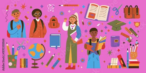 Back to school illustration featuring diverse students and learning elements