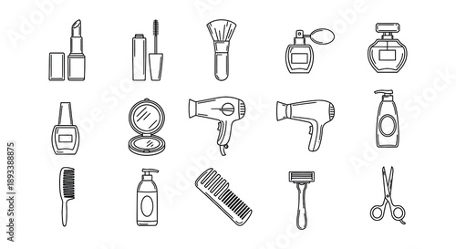 Line art illustration of various beauty and personal care products
