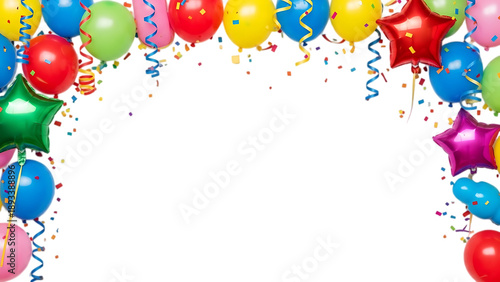 Festive birthday party background filled with colorful balloons hanging decorations and confetti creating joyful celebration scene on white background