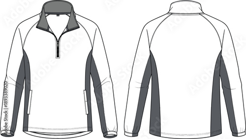 Vector technical fashion illustration of a long sleeve quarter zip jacket with side panels front and back view template for activewear apparel design