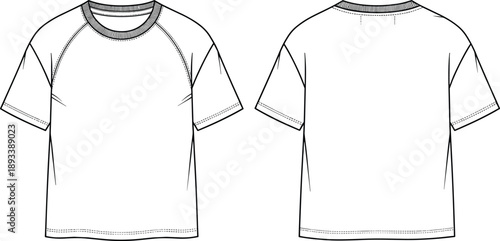 Vector technical fashion illustration of a men's or unisex white short sleeve t-shirt front and back view template for apparel design and mockups